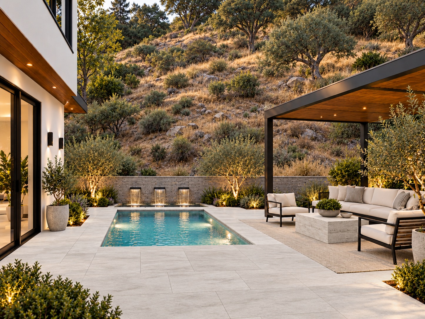 Compact pool, stone water feature and covered seating beneath the natural hillside