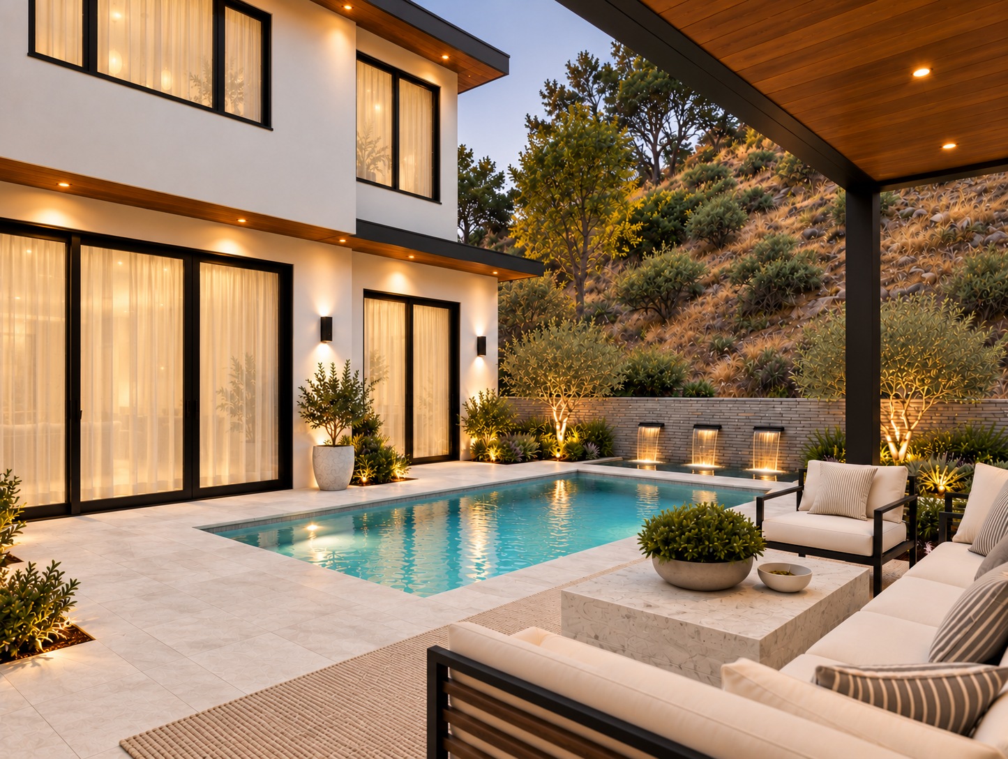 Pool and covered sitting area looking toward the house with soft linen sheers