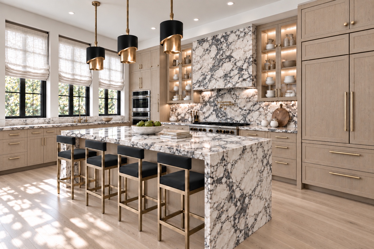 Kitchen with marble waterfall island and illuminated display cabinetry