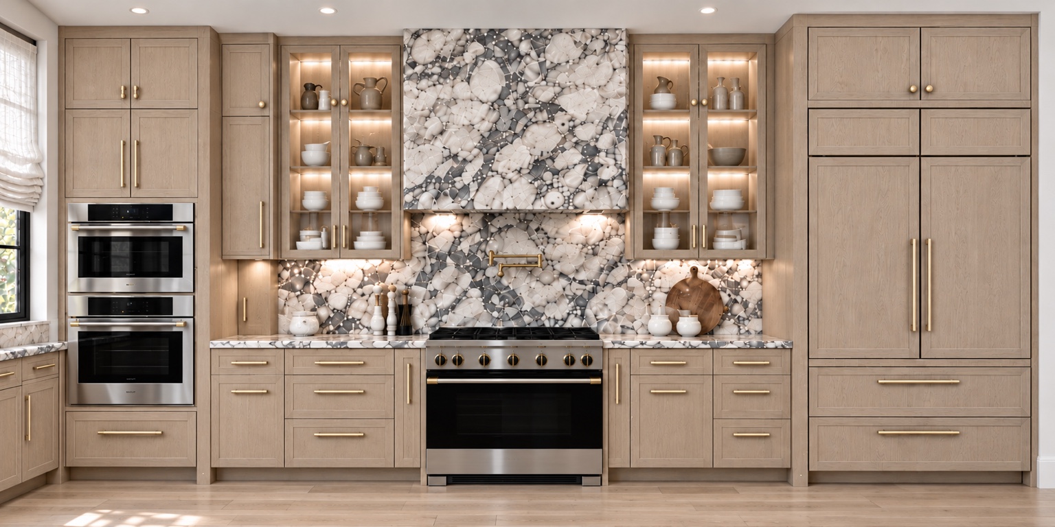 Kitchen range wall with marble hood and warm wood cabinetry