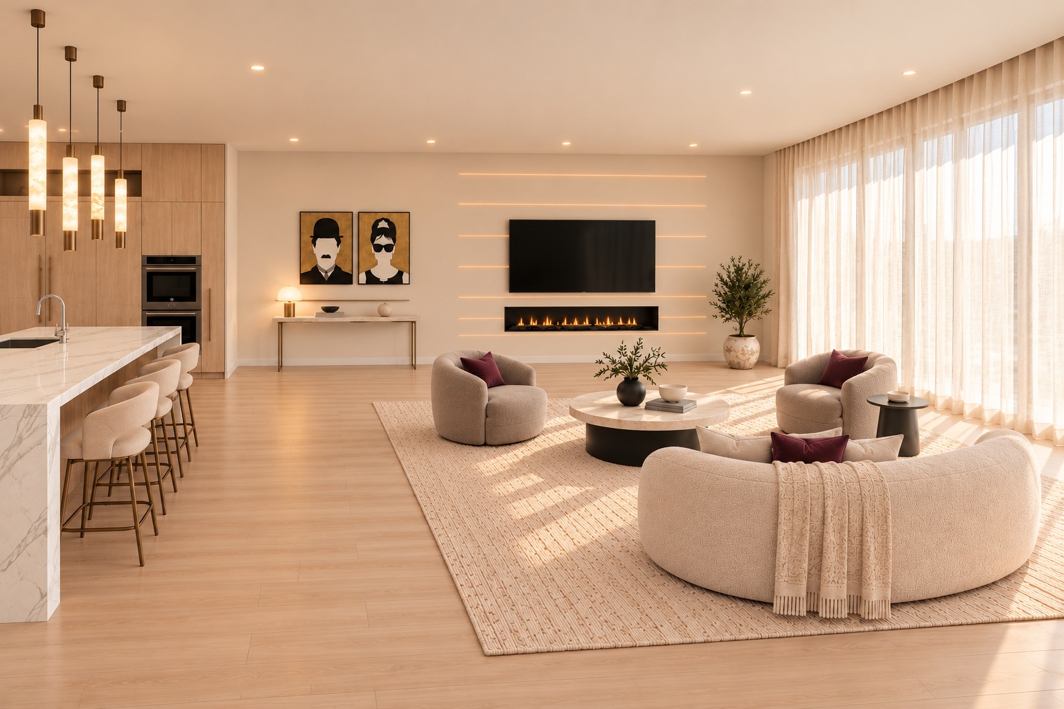 Open living room adjoining the kitchen