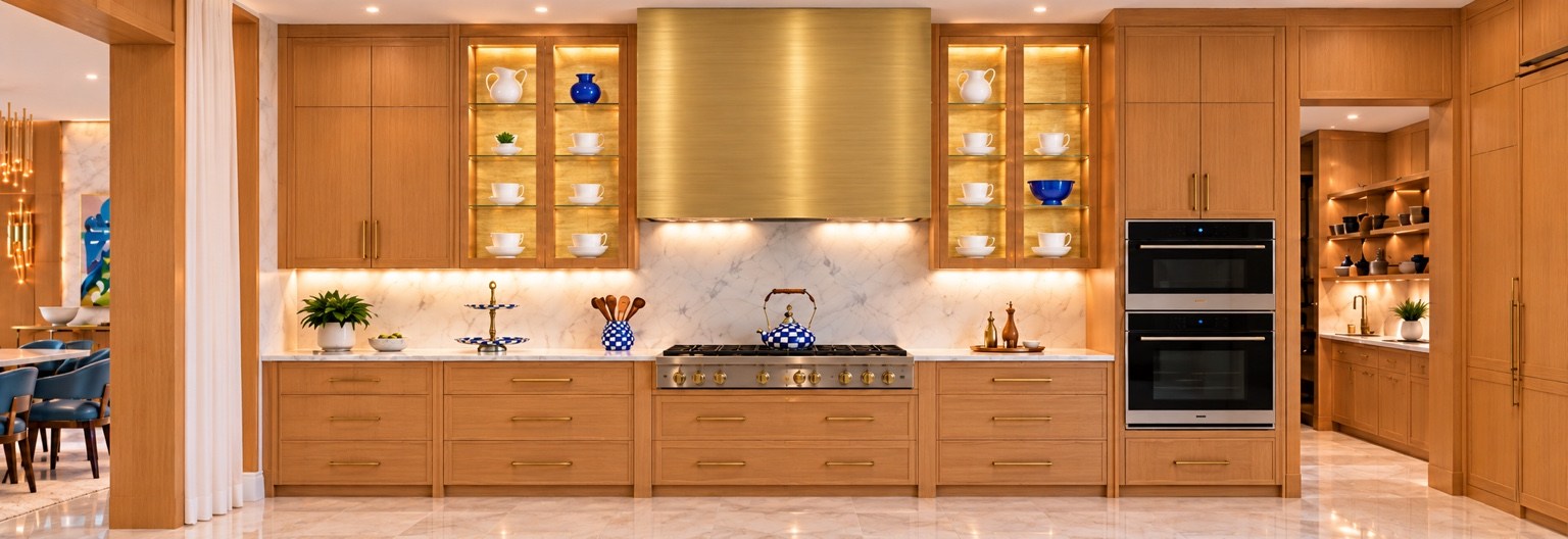 Kitchen range wall with warm wood cabinetry and glass display cabinets