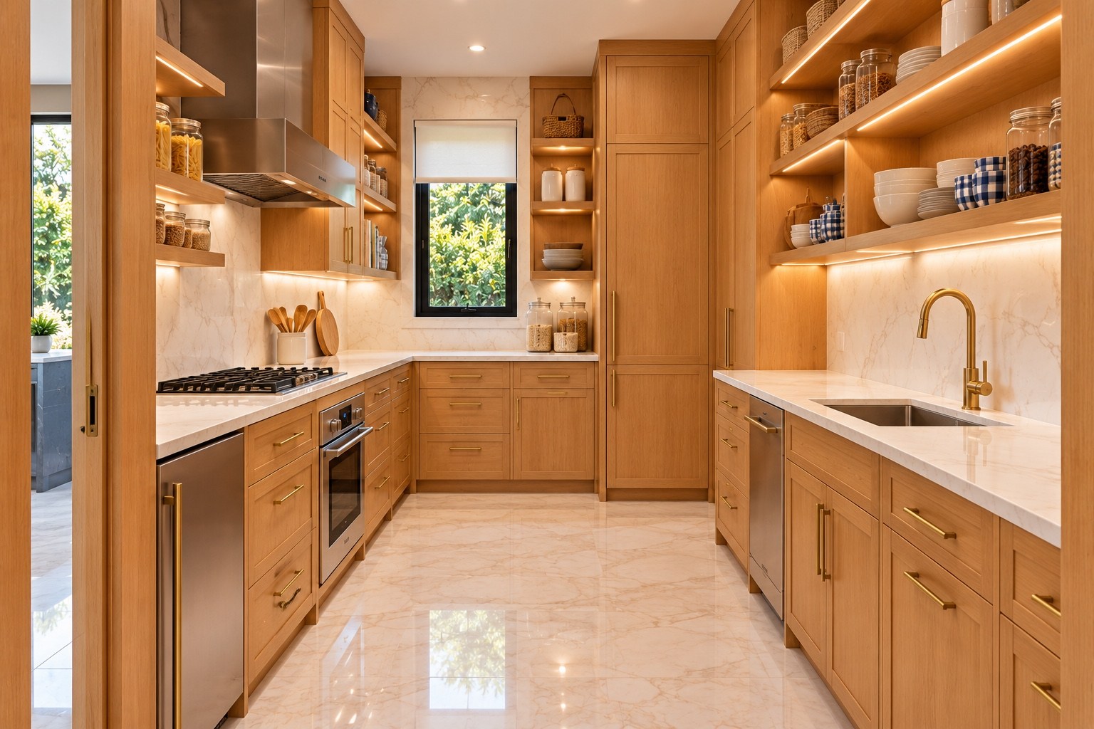 Walk-in pantry with generous counters and open shelving