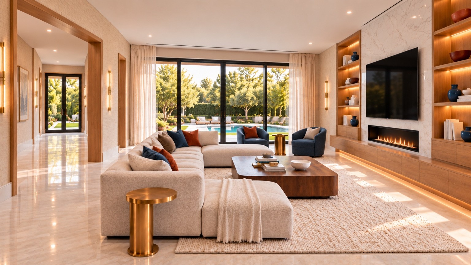 Family room with comfortable seating and doors opening to the garden