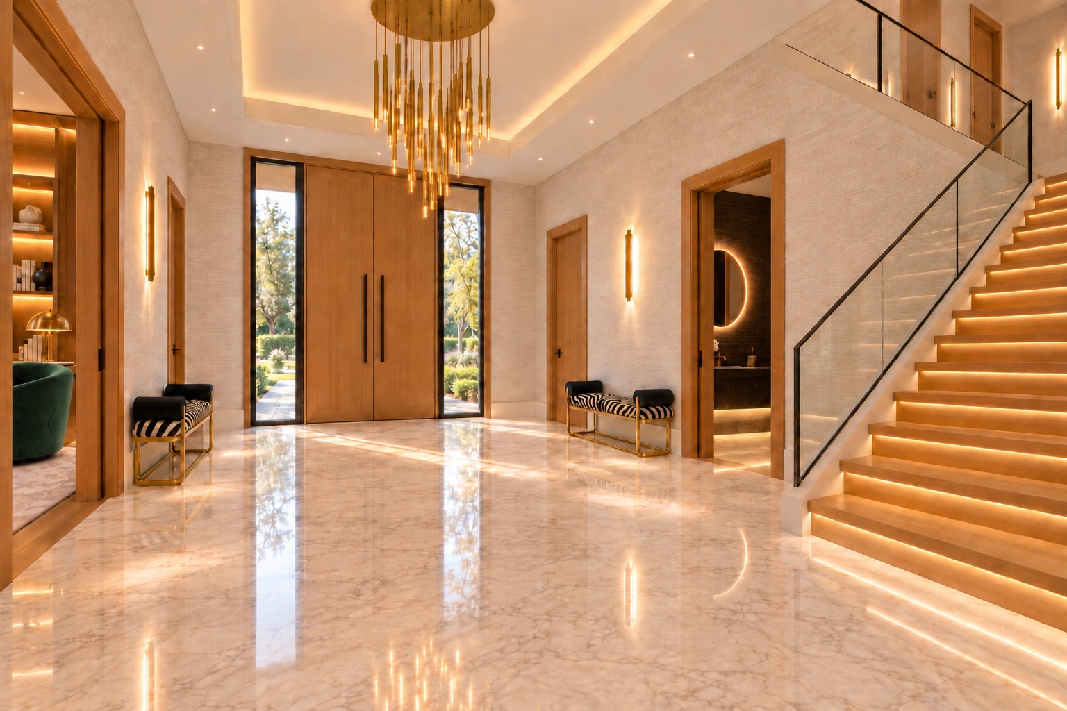 Double-height entry with illuminated staircase and zebra-print benches