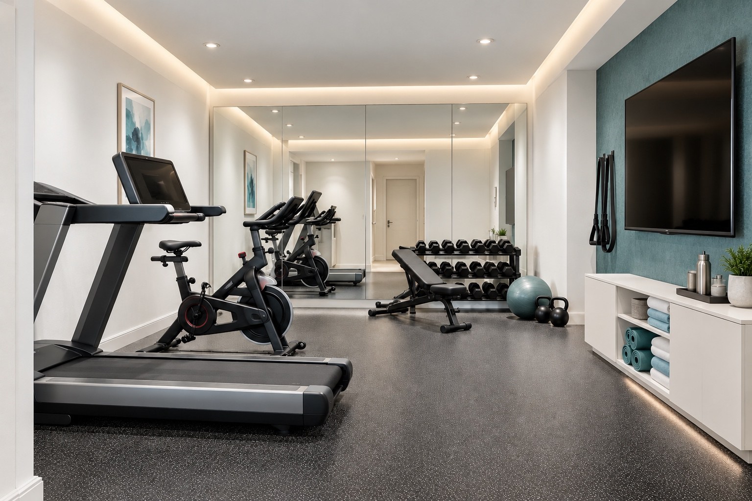 Home gym with mirrored wall and dedicated exercise equipment