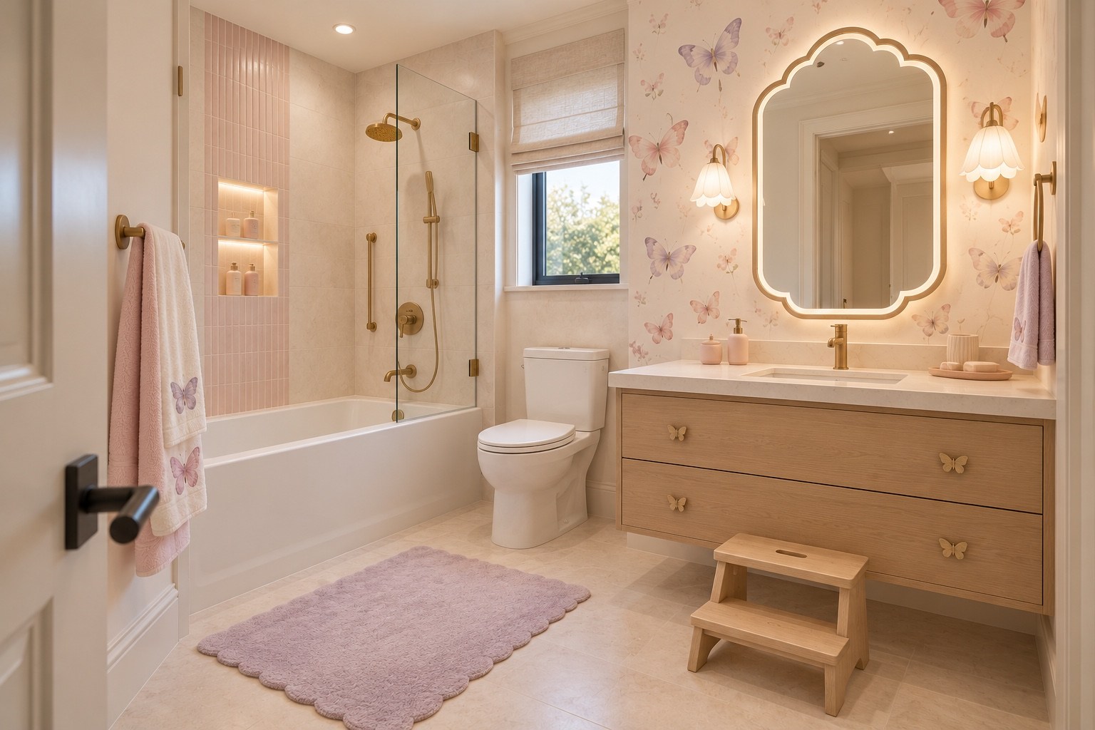 Butterfly bathroom with bathtub and scalloped illuminated mirror