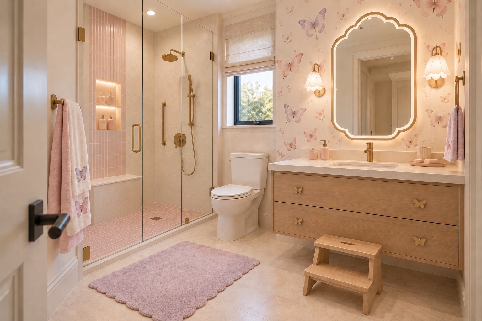 Butterfly bathroom with glass shower enclosure and pink mosaic floor