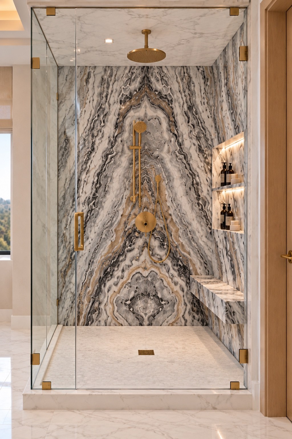 Primary shower with dramatic veined stone and brass fixtures