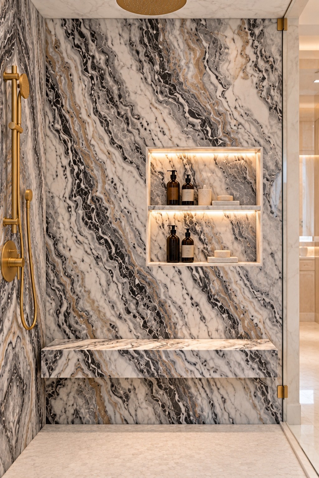 Stone shower bench and illuminated storage niches
