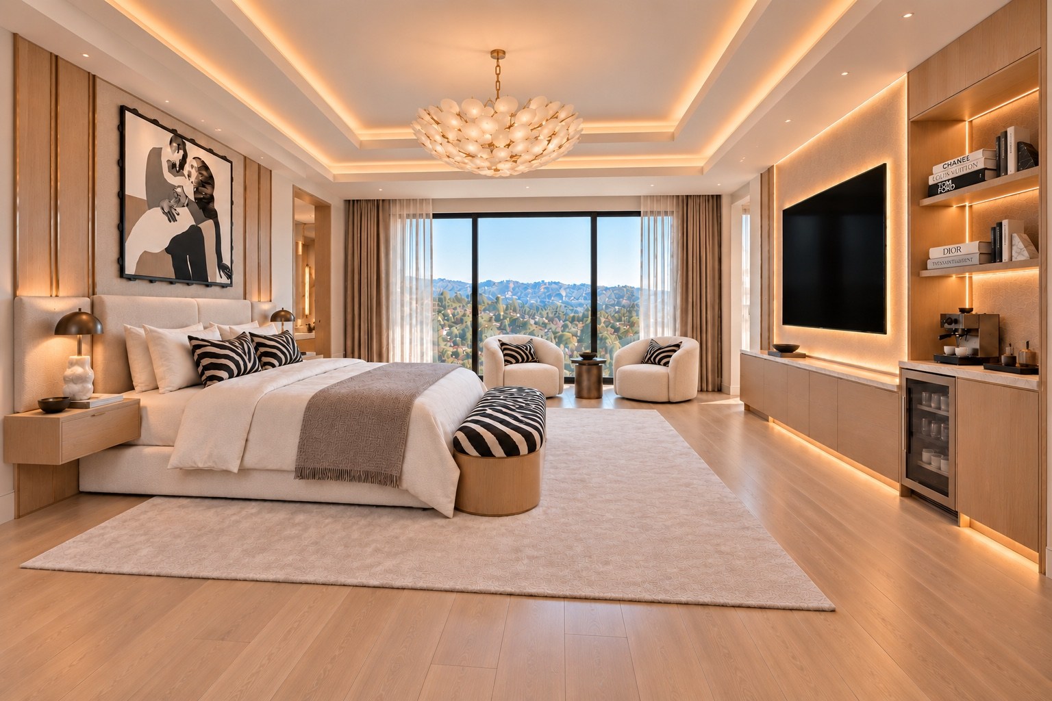 Primary bedroom with layered neutral finishes and hillside views