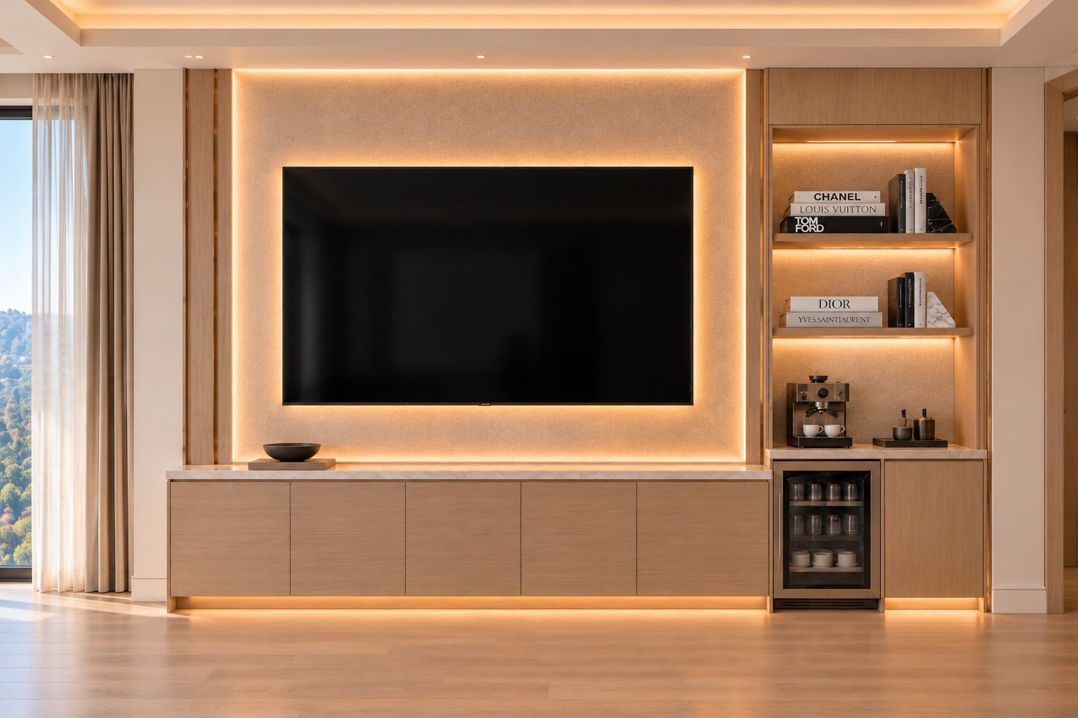 Primary bedroom media wall with integrated coffee bar