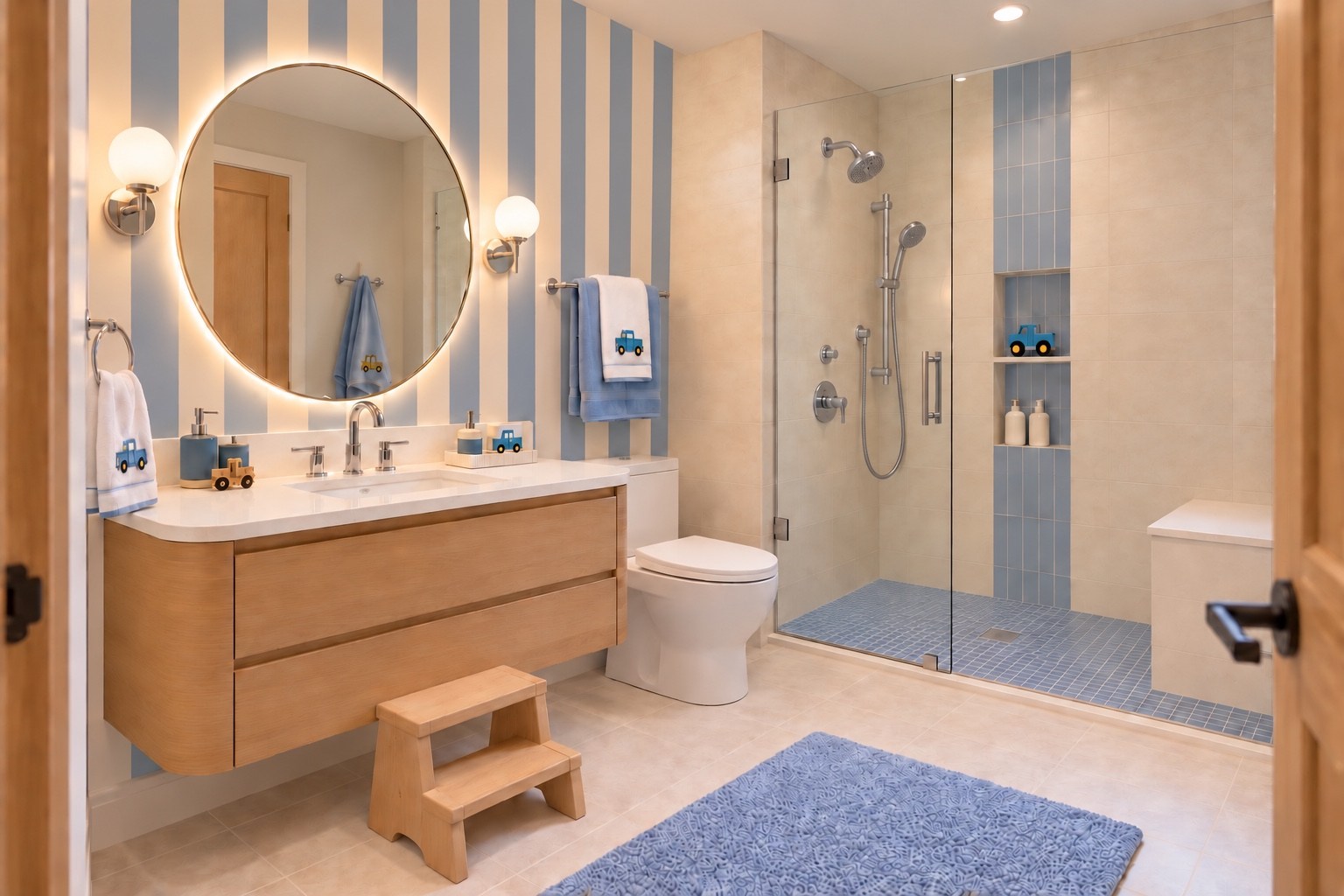 Children’s bathroom with blue striped accents and walk-in shower