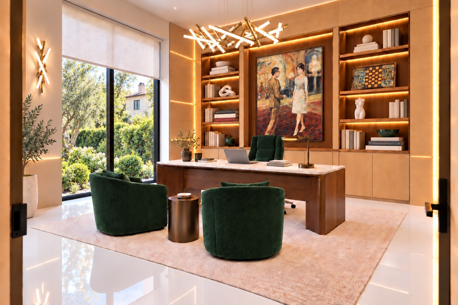 Home office with green velvet seating and illuminated cabinetry
