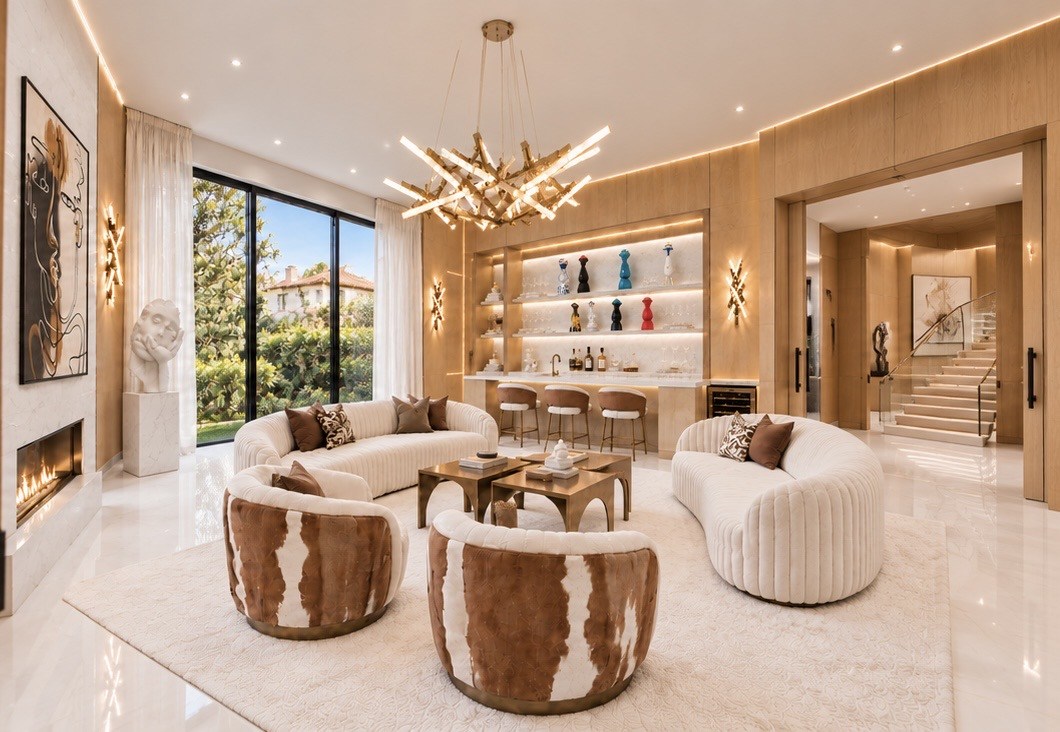 Formal living room opening onto the illuminated bar