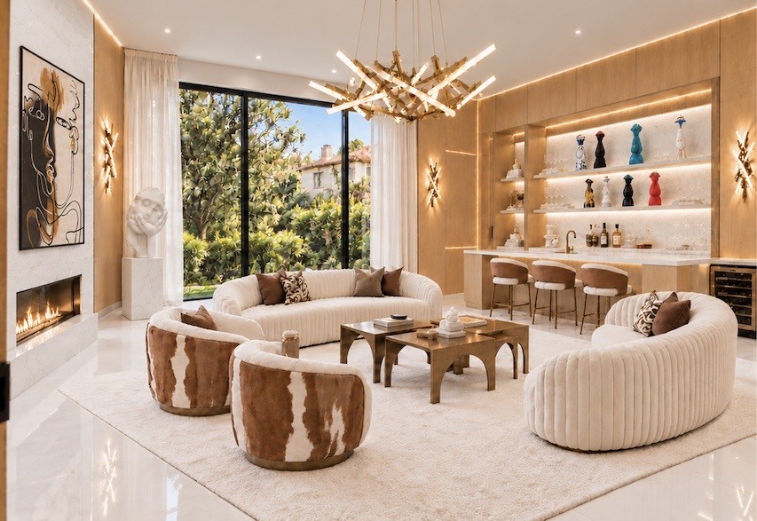 Living room seating with animal-print accents and sculptural lighting