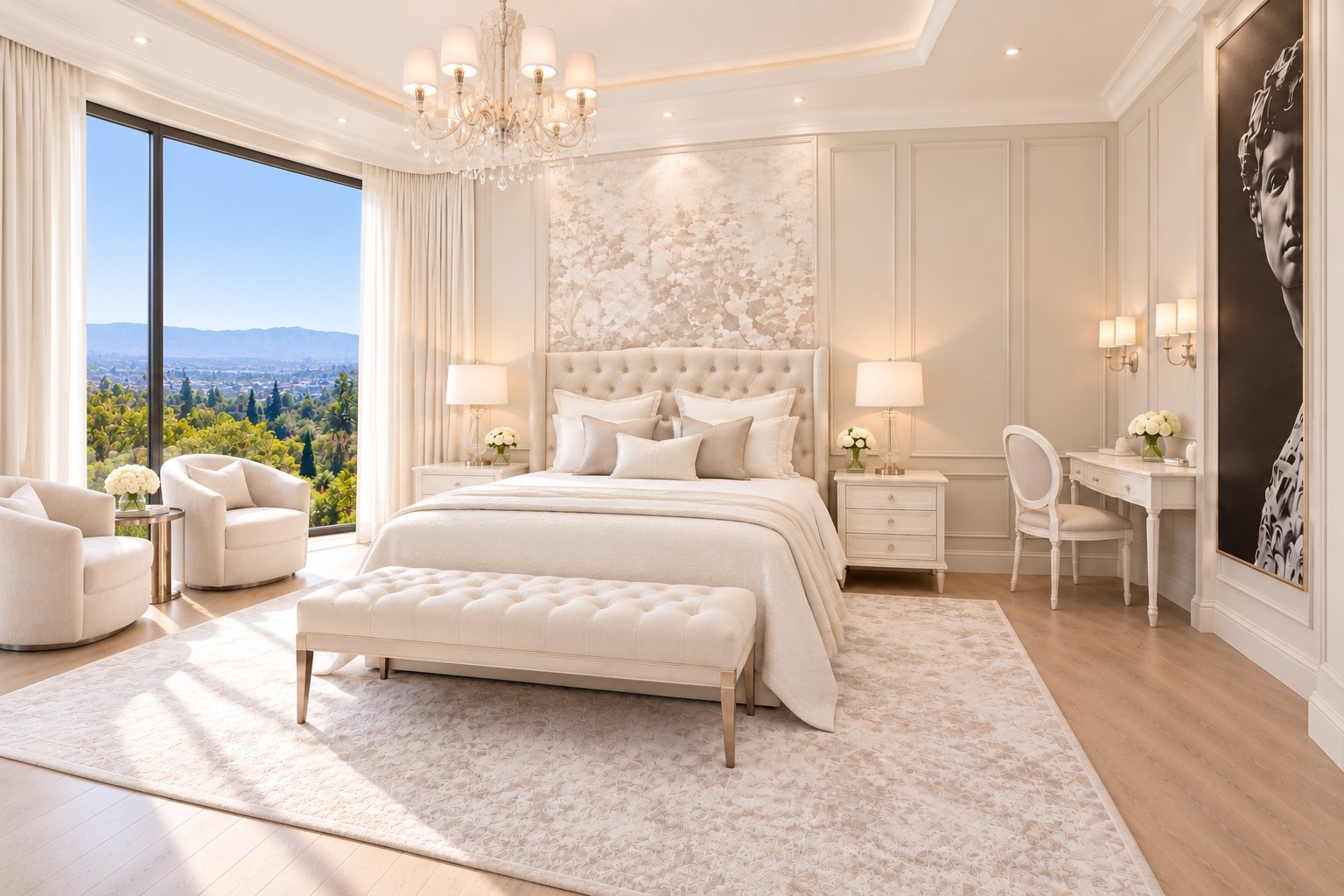 Primary bedroom with soft neutral furnishings and mountain views
