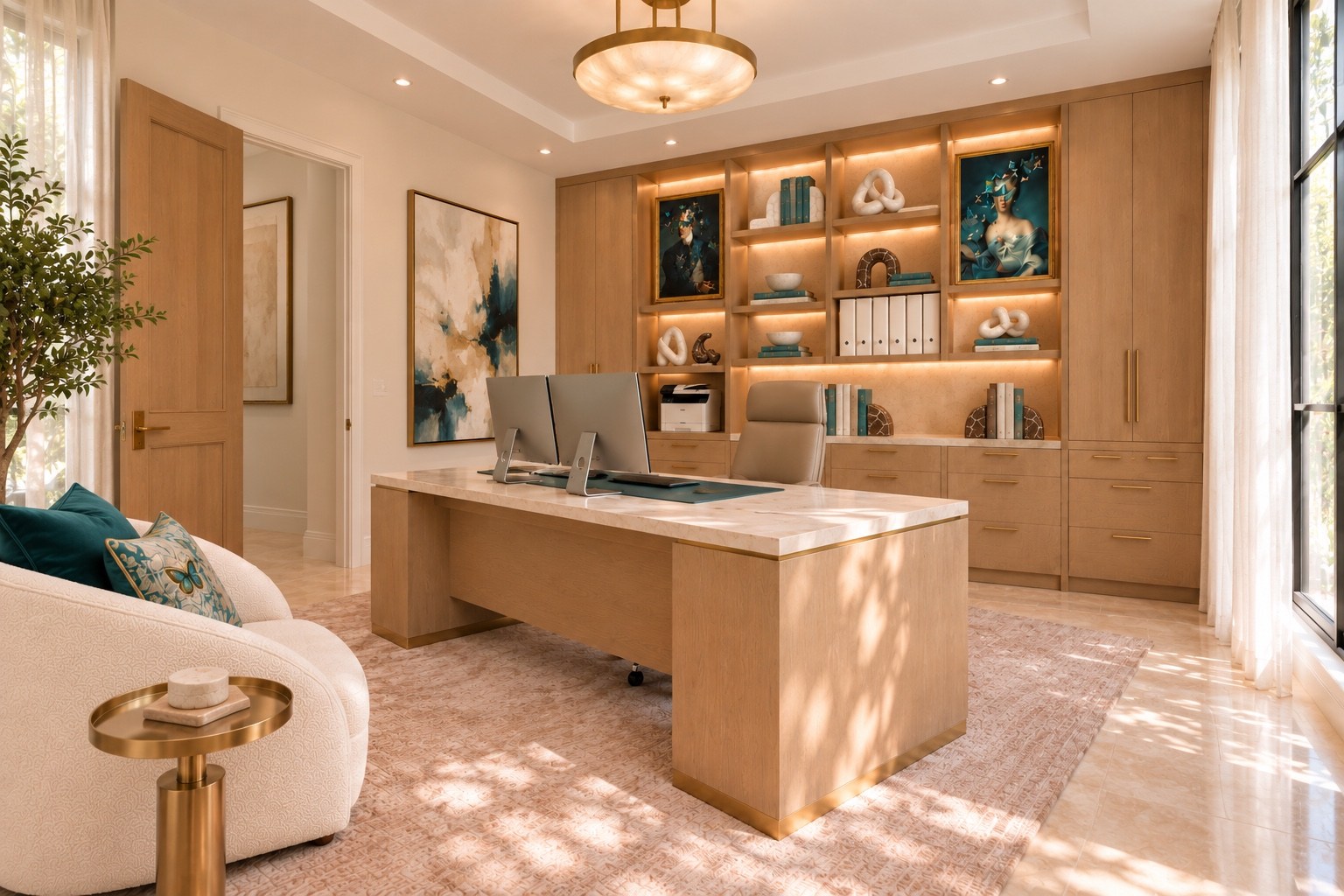 Home office with warm wood cabinetry and display shelves
