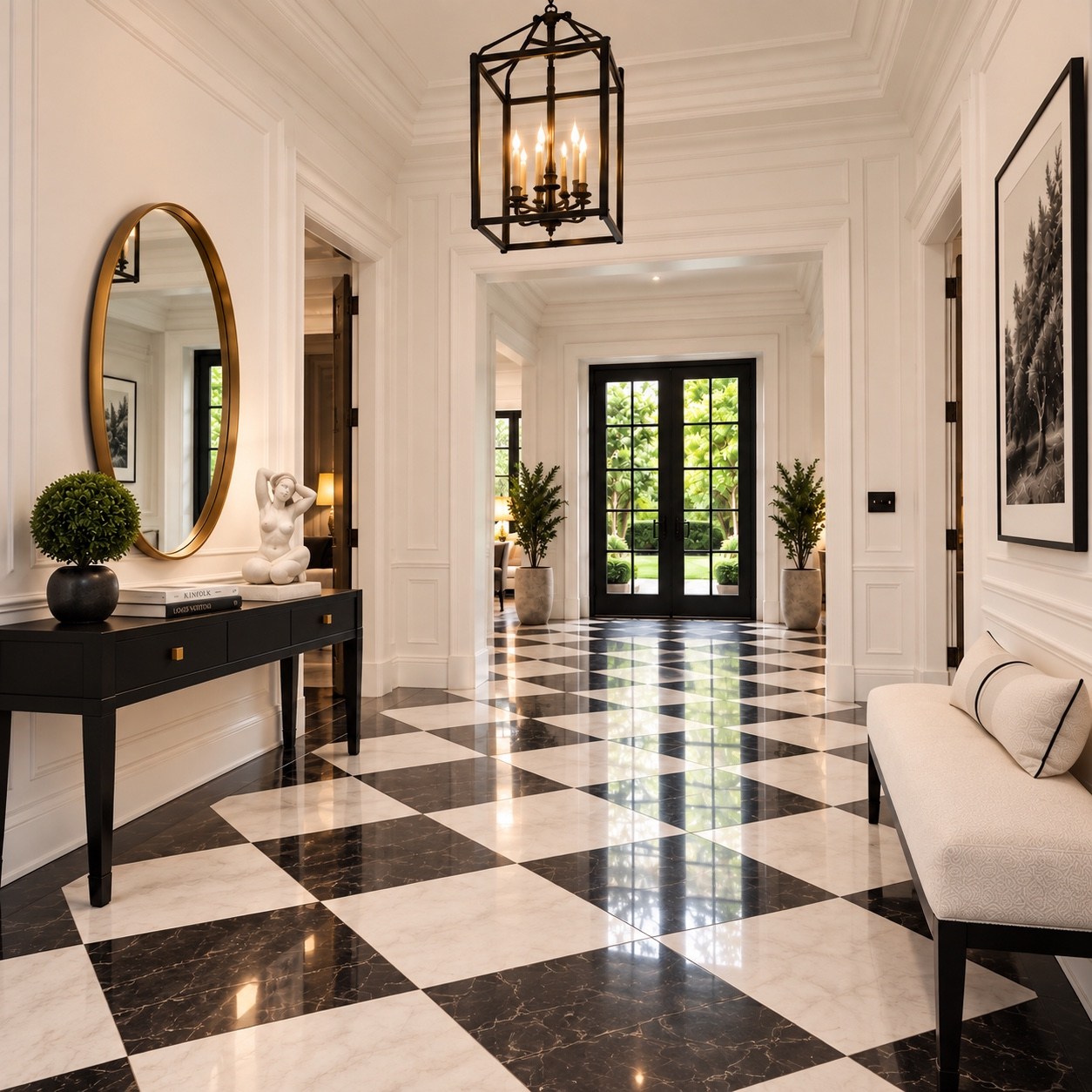 Entry hall with black-and-white flooring and lantern lighting