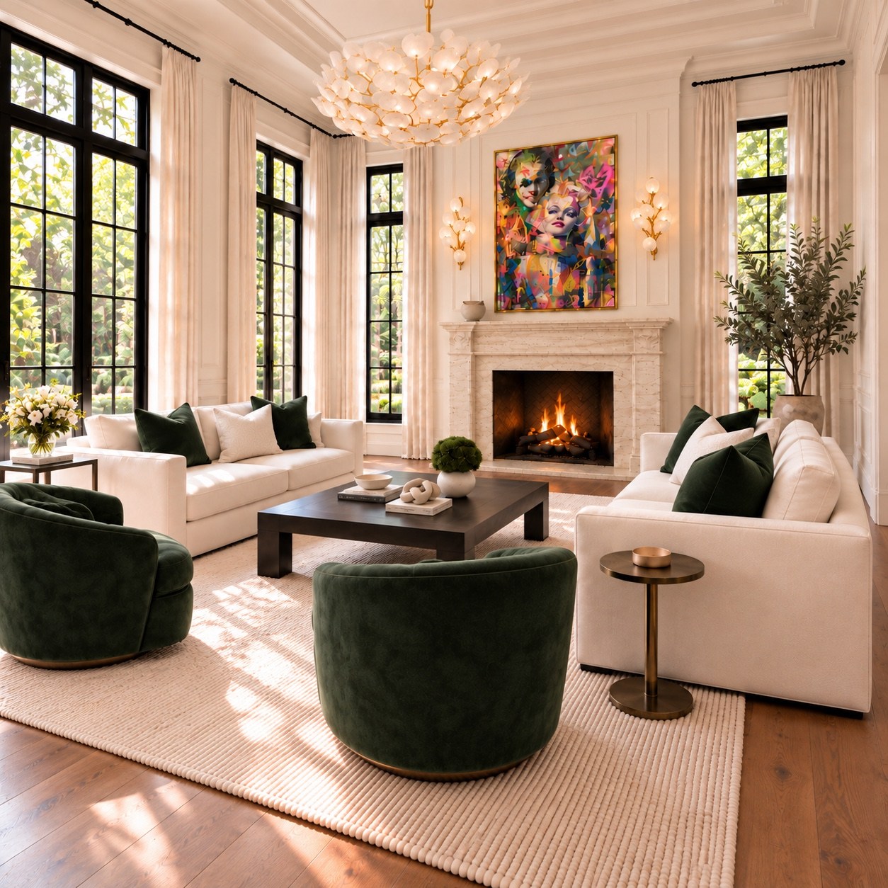 Formal living room seating beside tall black-framed windows