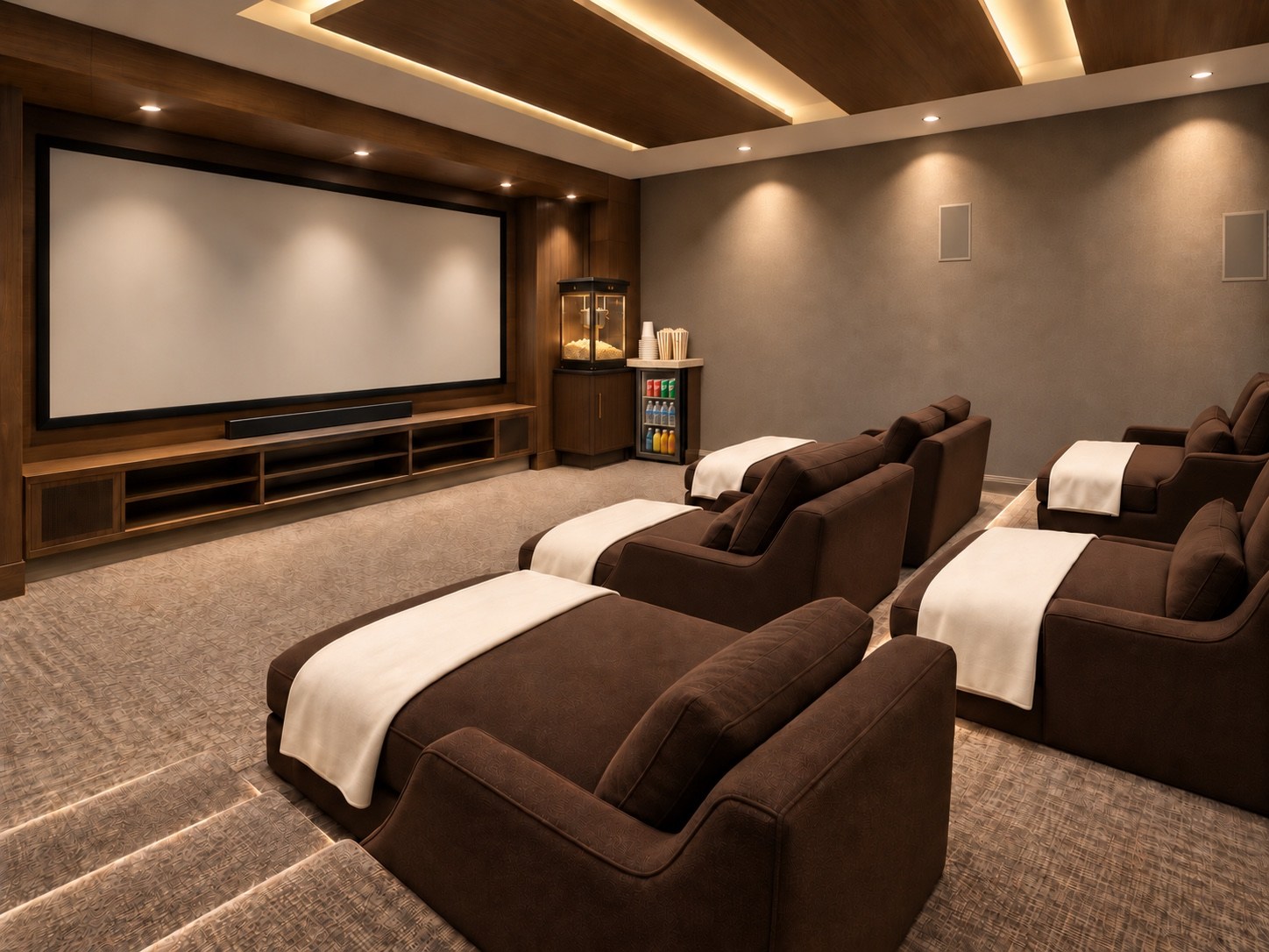 Private theater with tiered seating and illuminated ceiling details