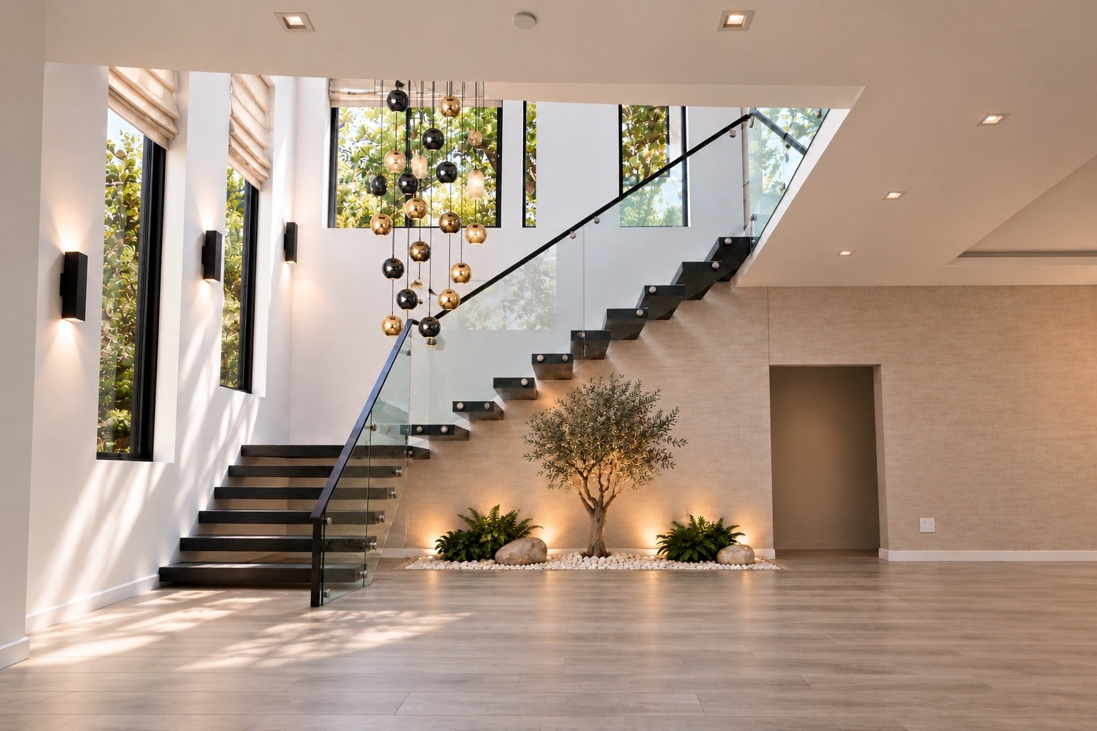 Floating staircase with glass railing and illuminated planting