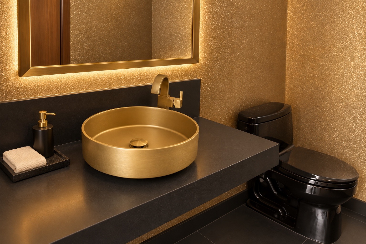 Gold vessel sink and illuminated mirror