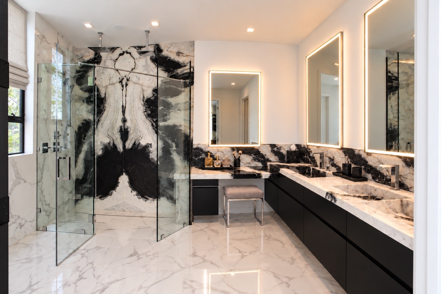 Primary bathroom with bookmatched marble shower walls
