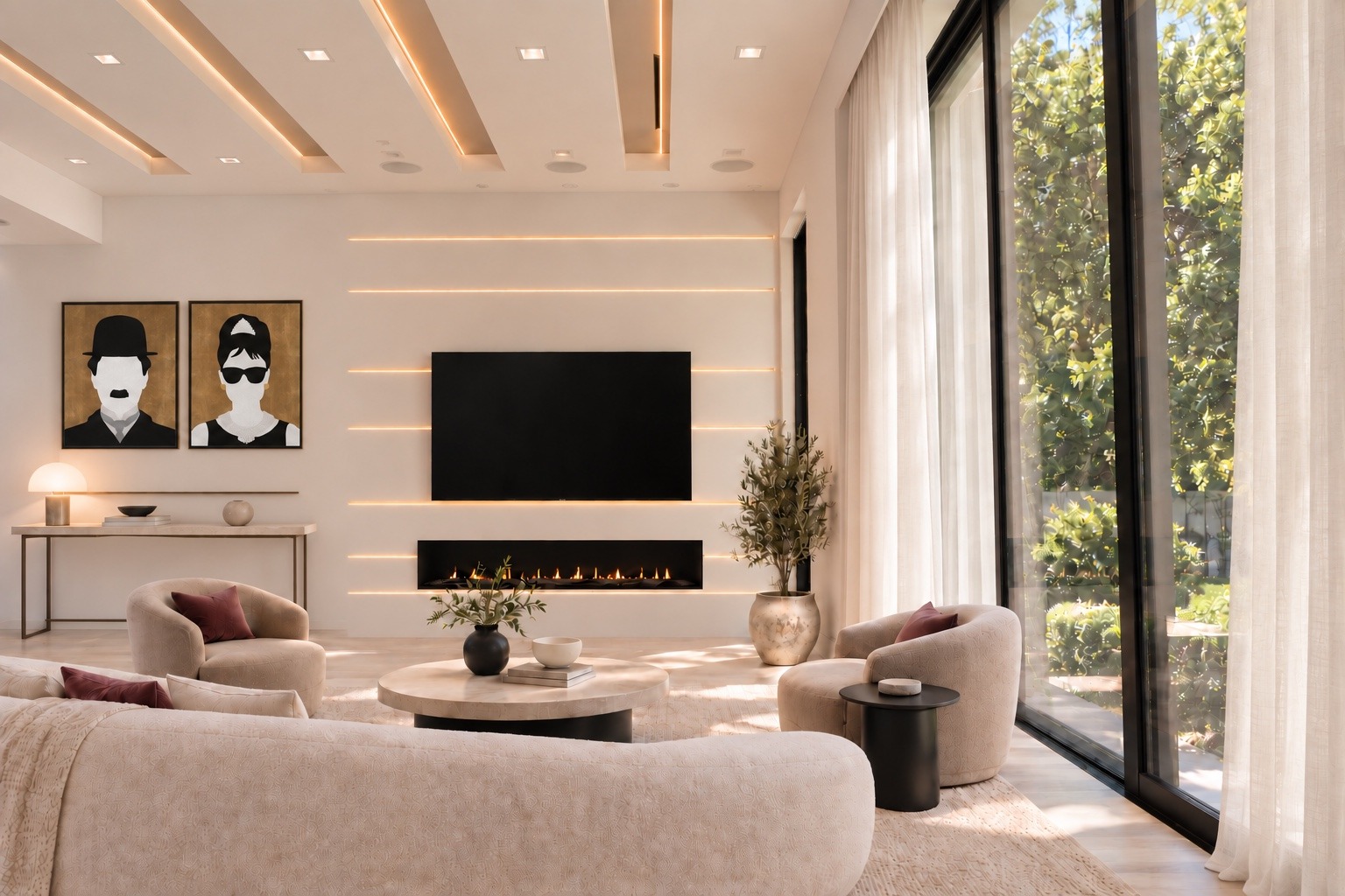 Living room with a television and linear fireplace