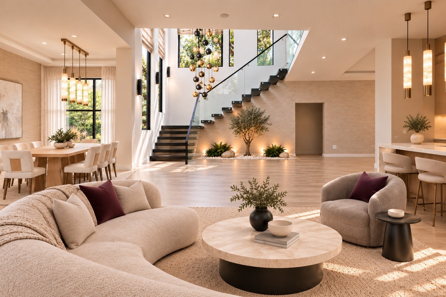 Living room looking toward the staircase and dining area