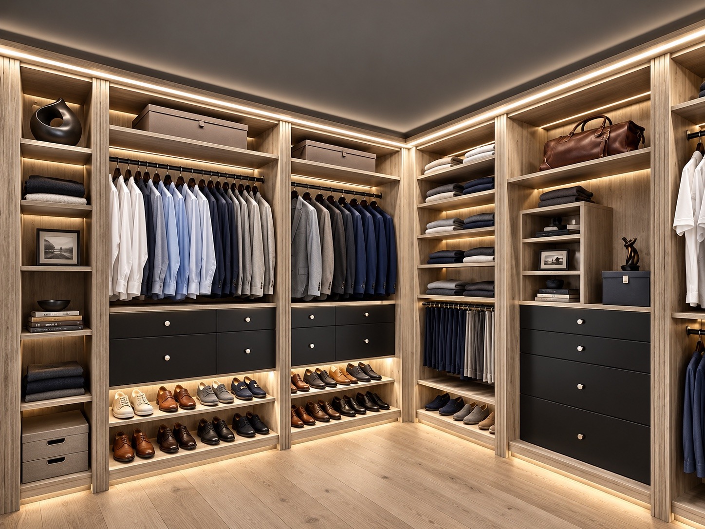 Walk-in closet with illuminated shelving