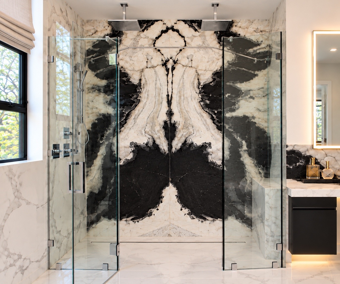 Bookmatched marble shower feature