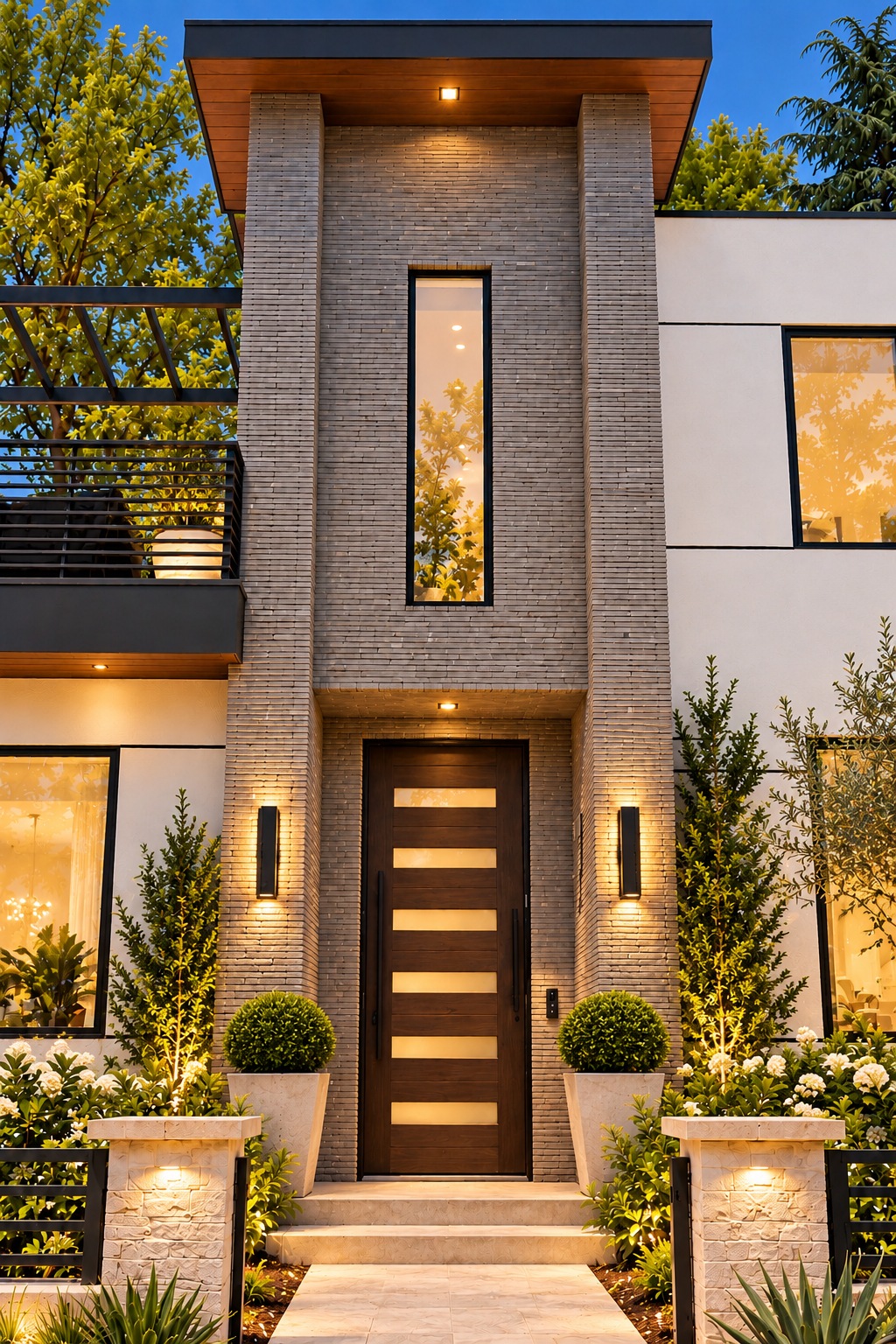 Styled front entrance with warm sconces, topiary planters and illuminated landscaping