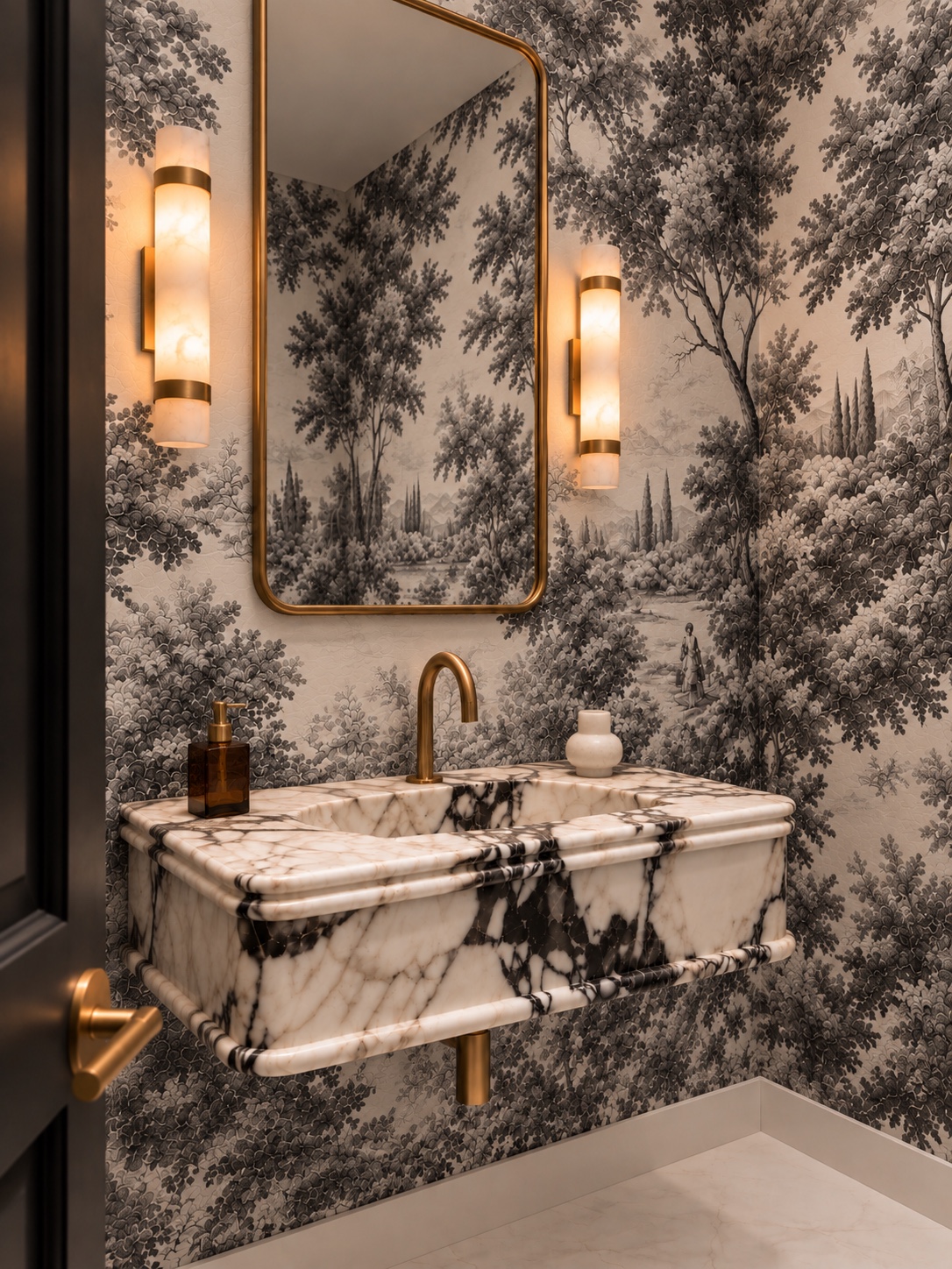 Powder room with woodland wallpaper and floating marble vanity