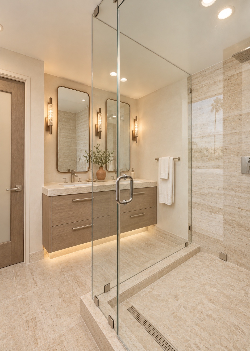 Bathroom vanity viewed through the glass shower enclosure