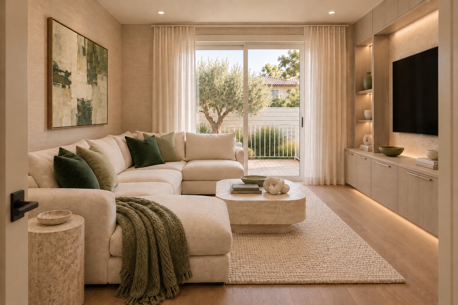 Den with a cream sectional, green accents and a built-in television wall