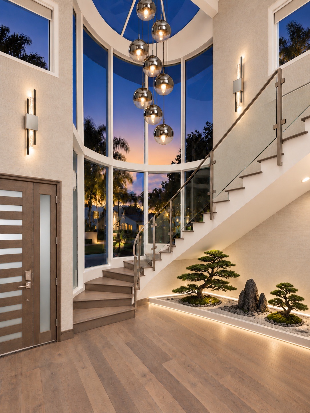 Double-height entry with a curved staircase and an illuminated garden beneath