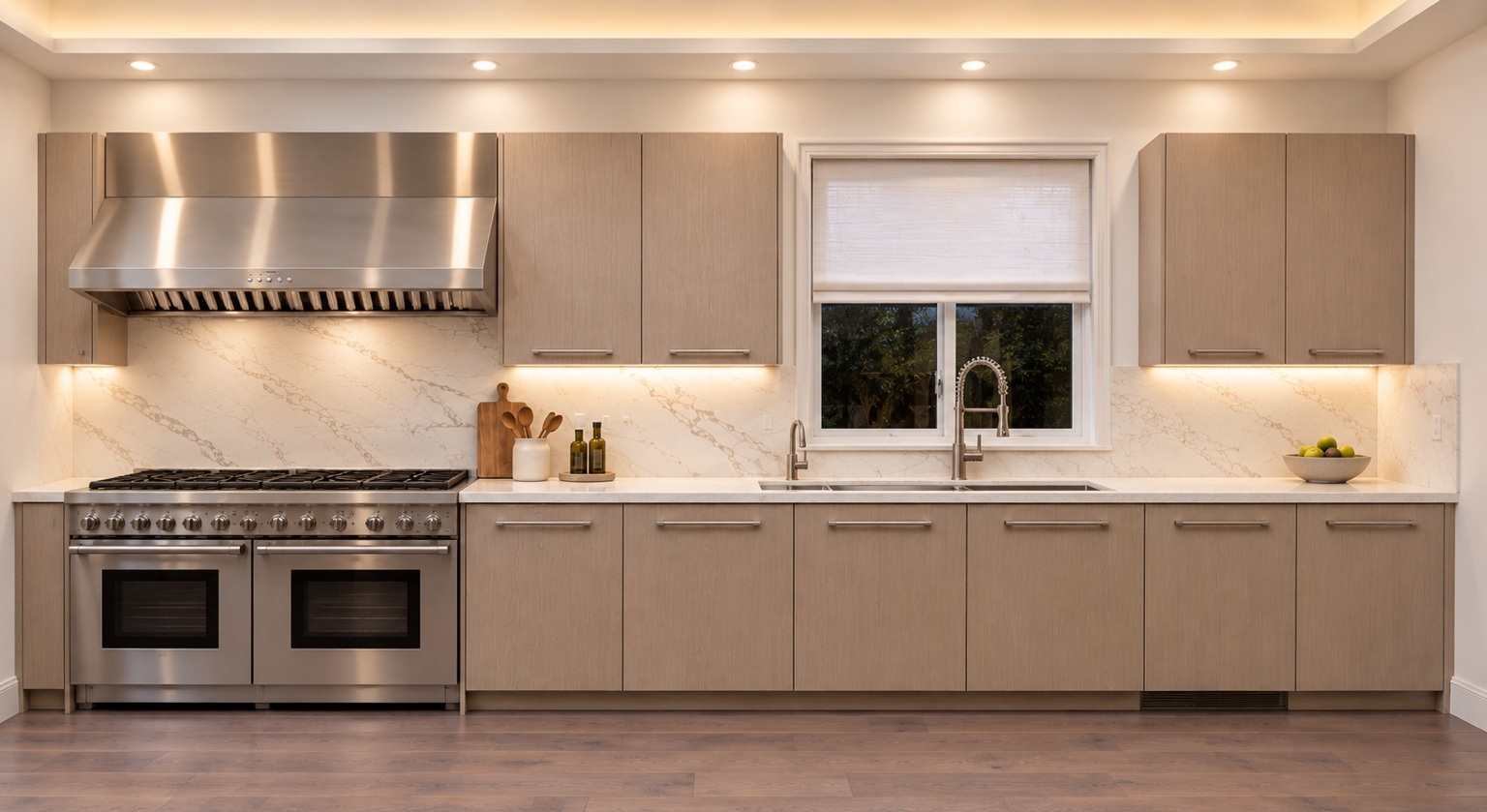 Kitchen range and sink wall with pale stone surfaces and warm integrated lighting