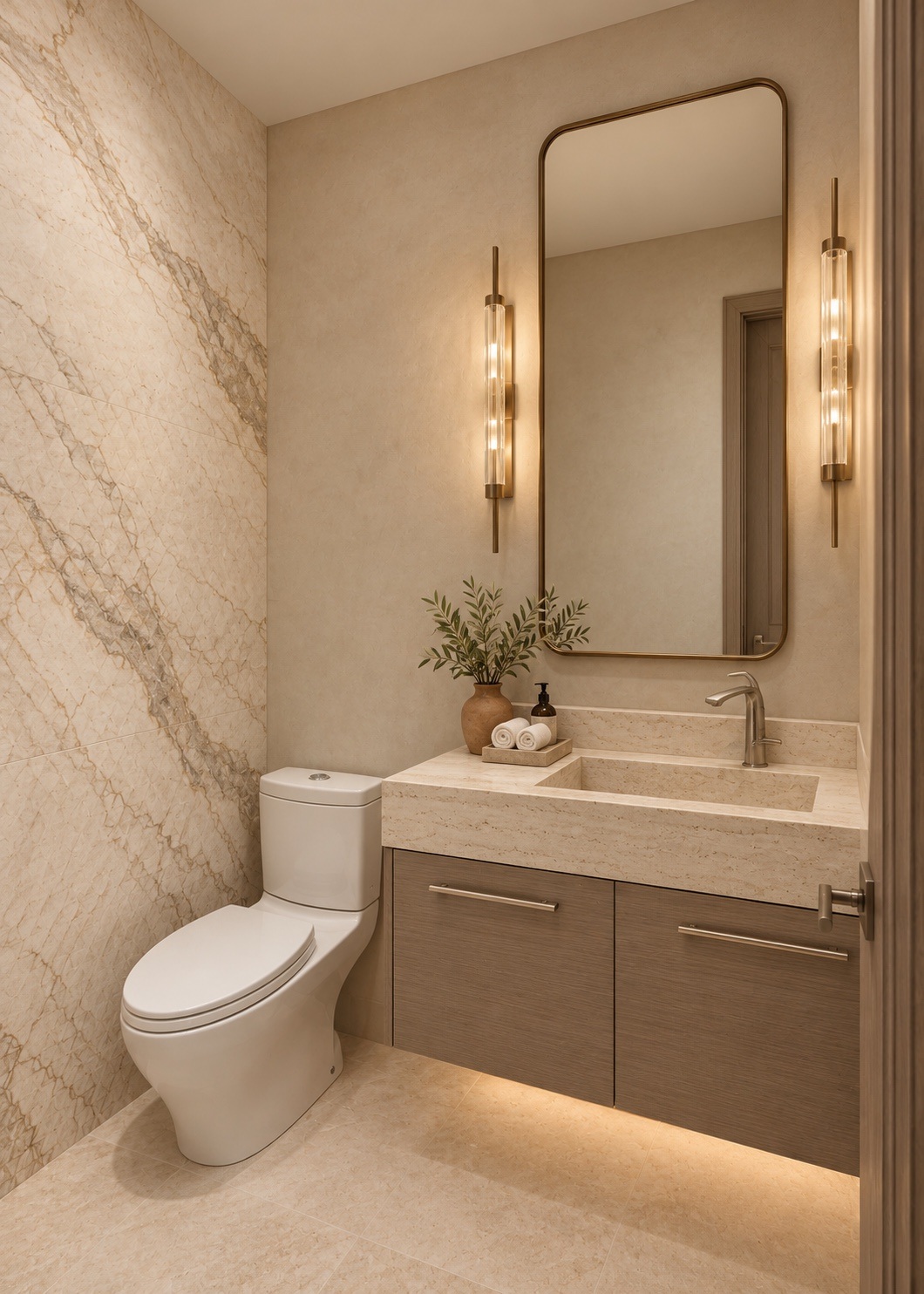 Powder room with a floating vanity, illuminated mirror and pale stone wall