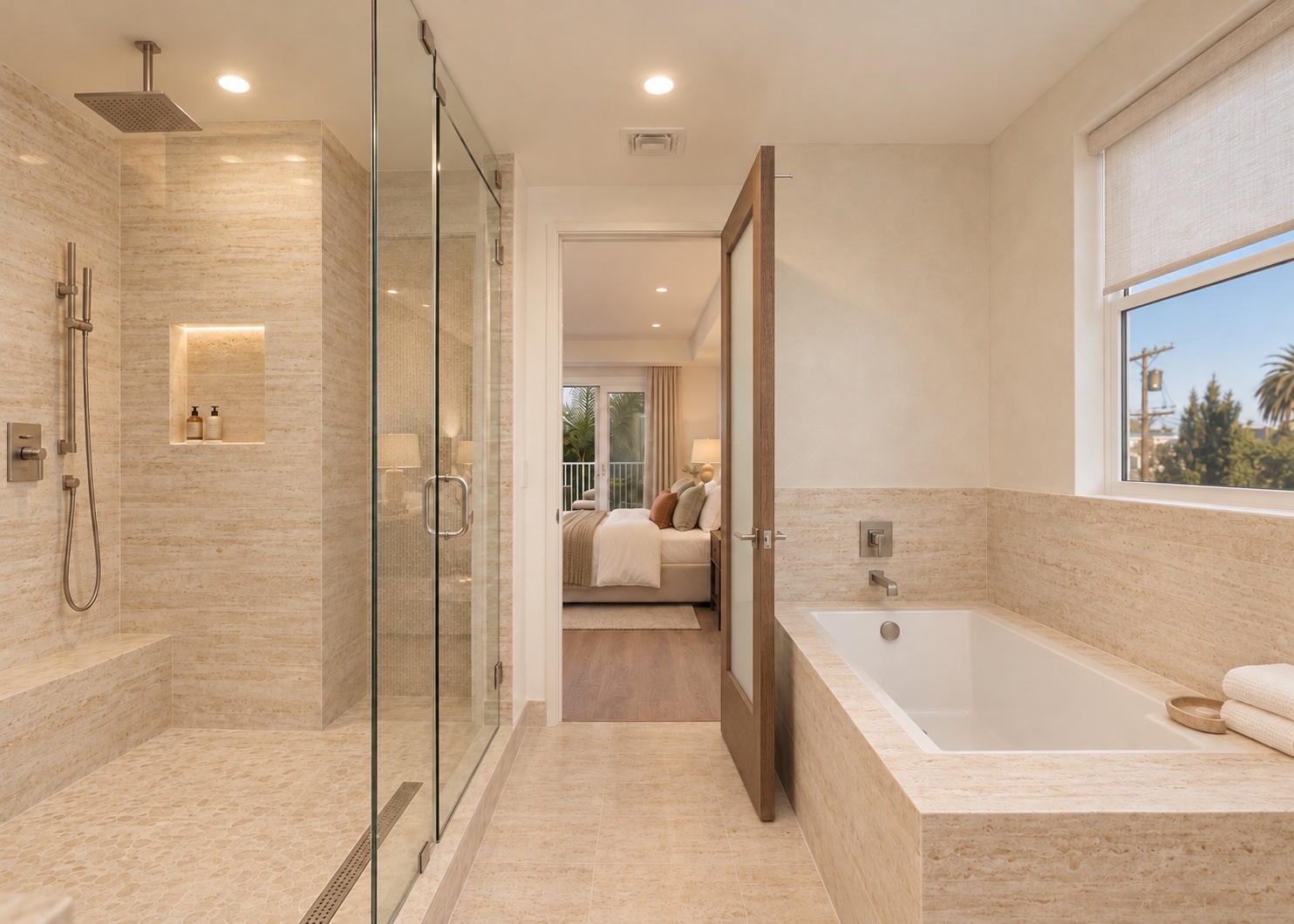 Primary bathroom with a glass shower and bathtub beside the window