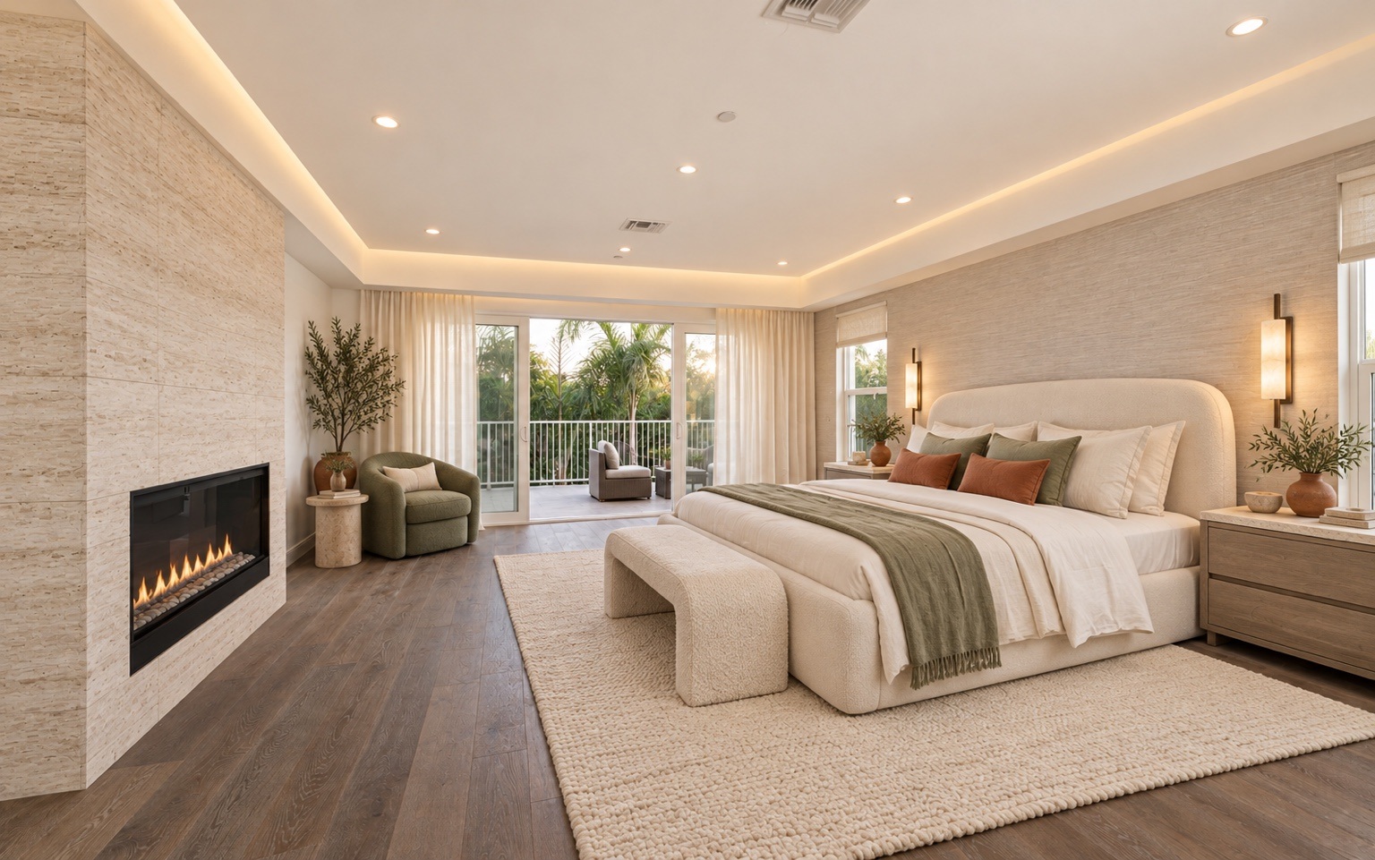 Primary bedroom with soft neutral furnishings, a fireplace and terrace access