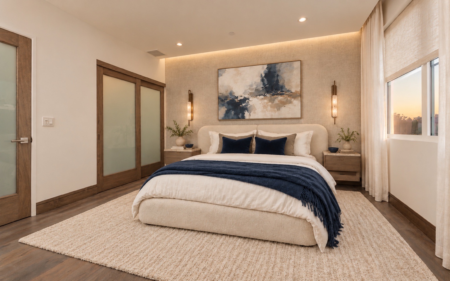 Bedroom with navy accents, framed artwork and mirrored wardrobe doors