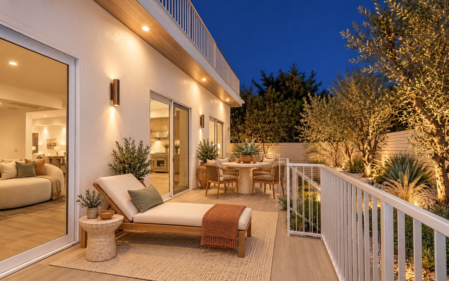 Terrace lounge and dining area with warm evening lighting
