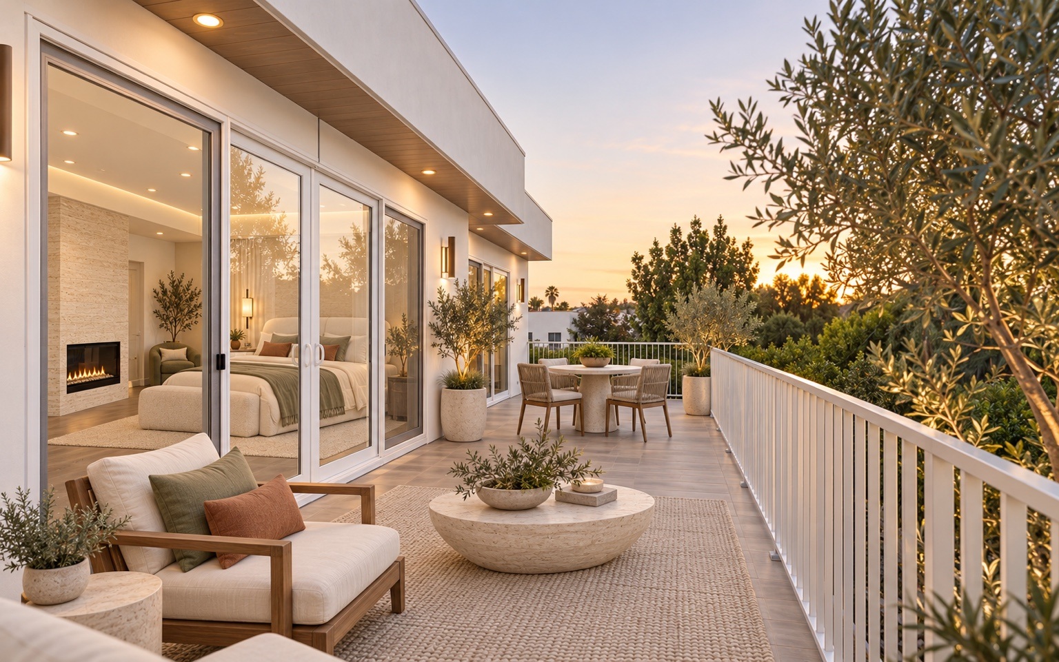 Furnished terrace with lounge seating and dining at sunset