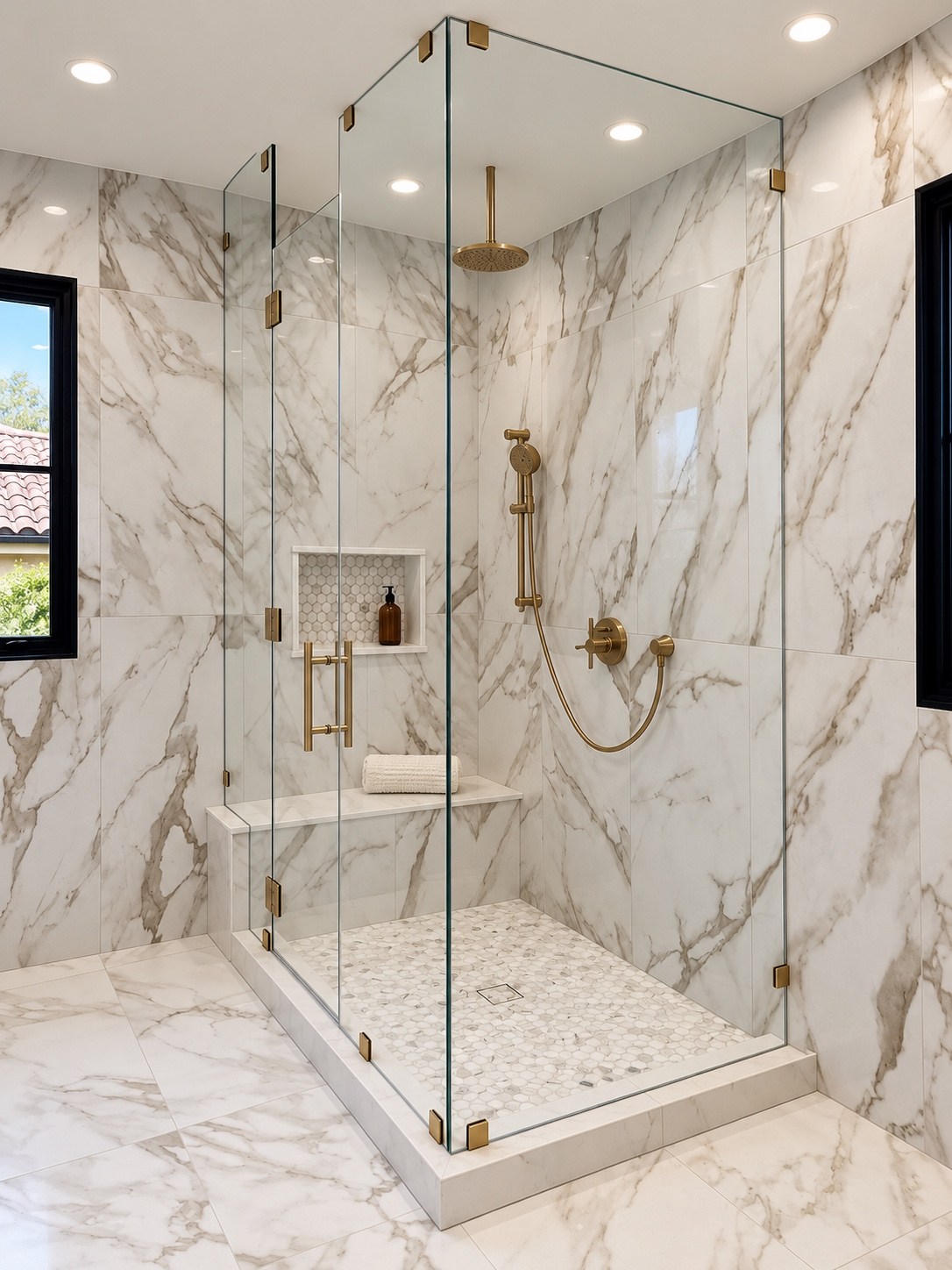 Marble bathroom with glass shower and brass fixtures