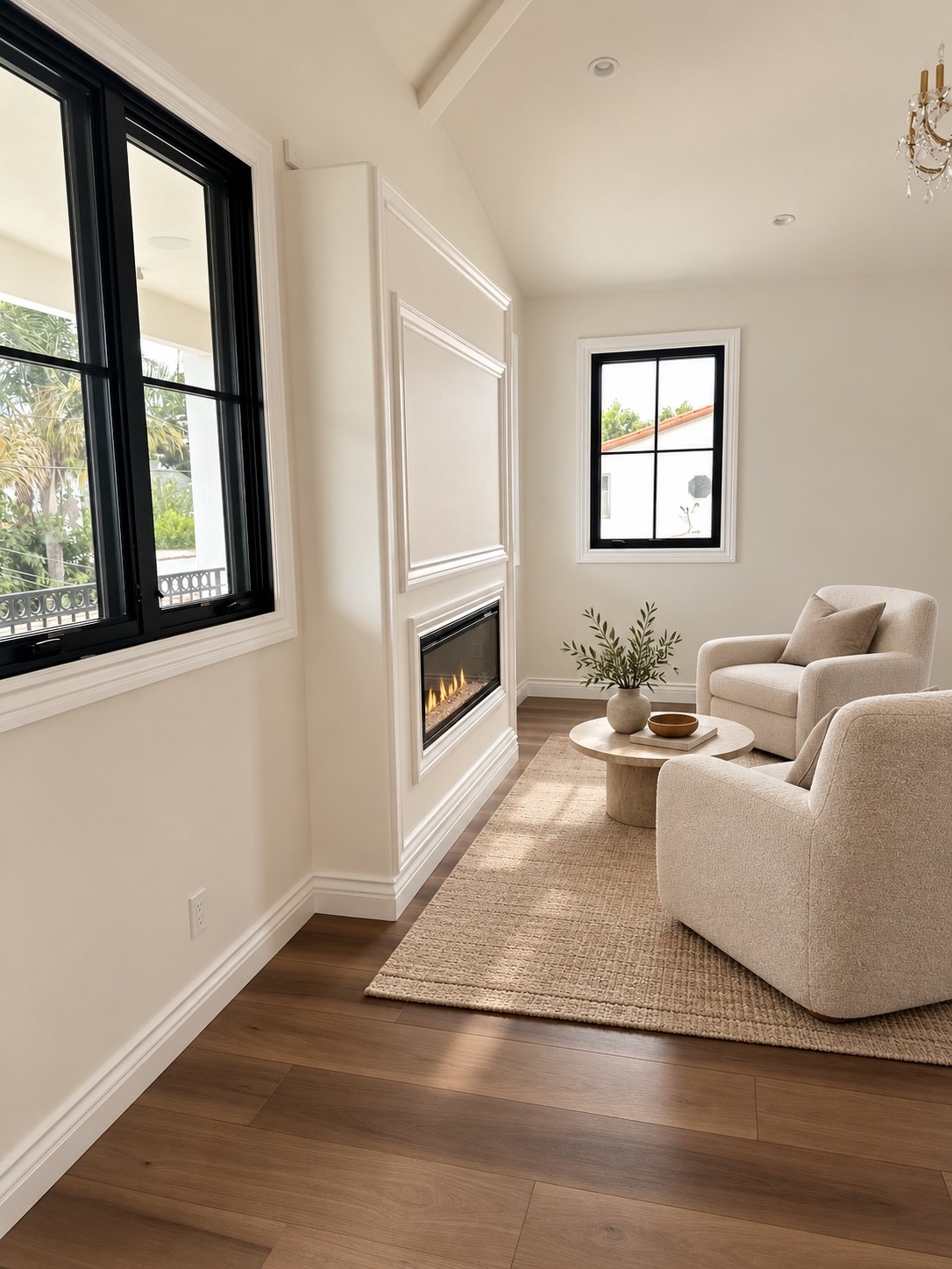 Quiet seating area beside a linear fireplace