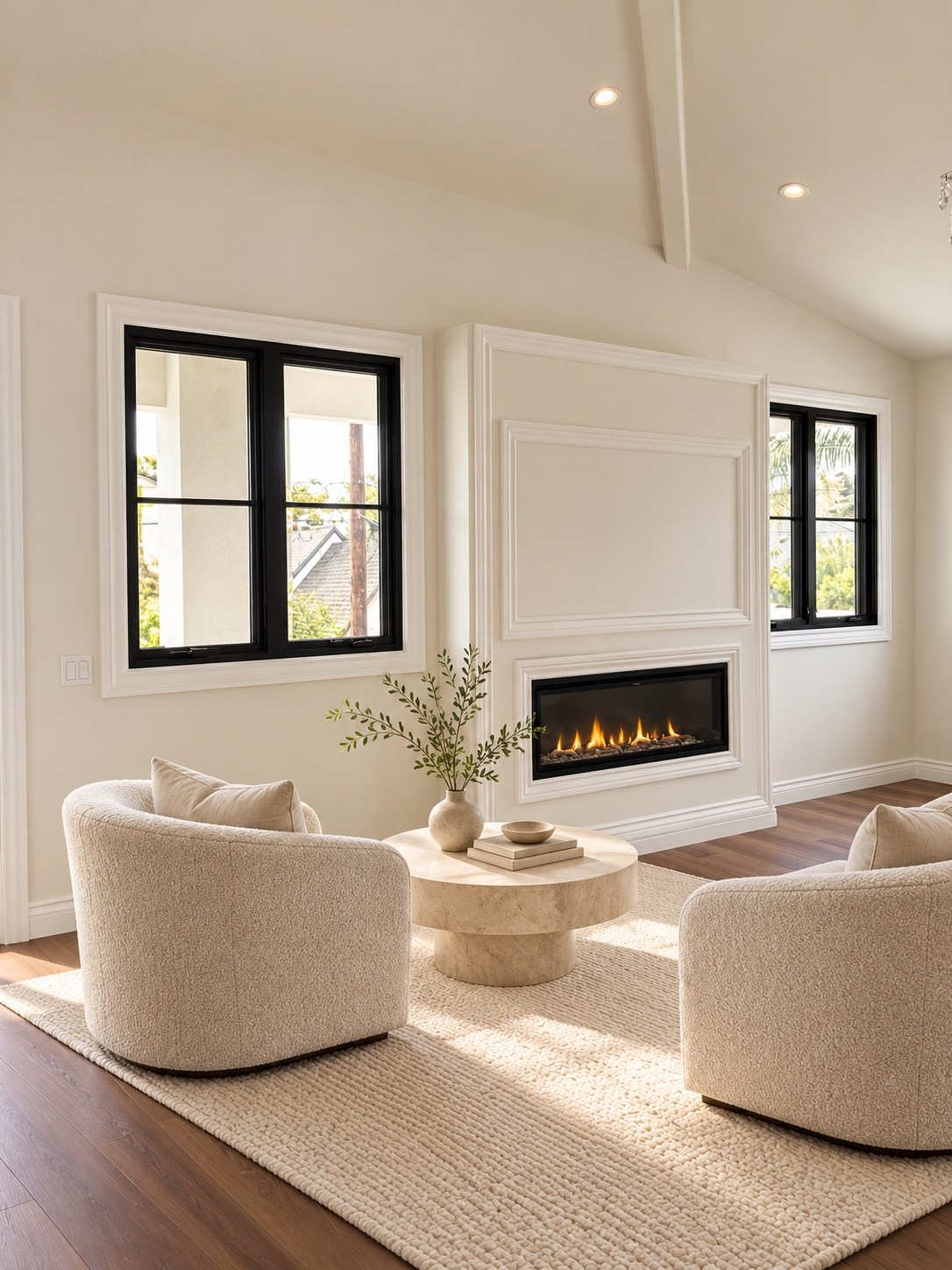 Intimate sitting room with curved chairs and fireplace