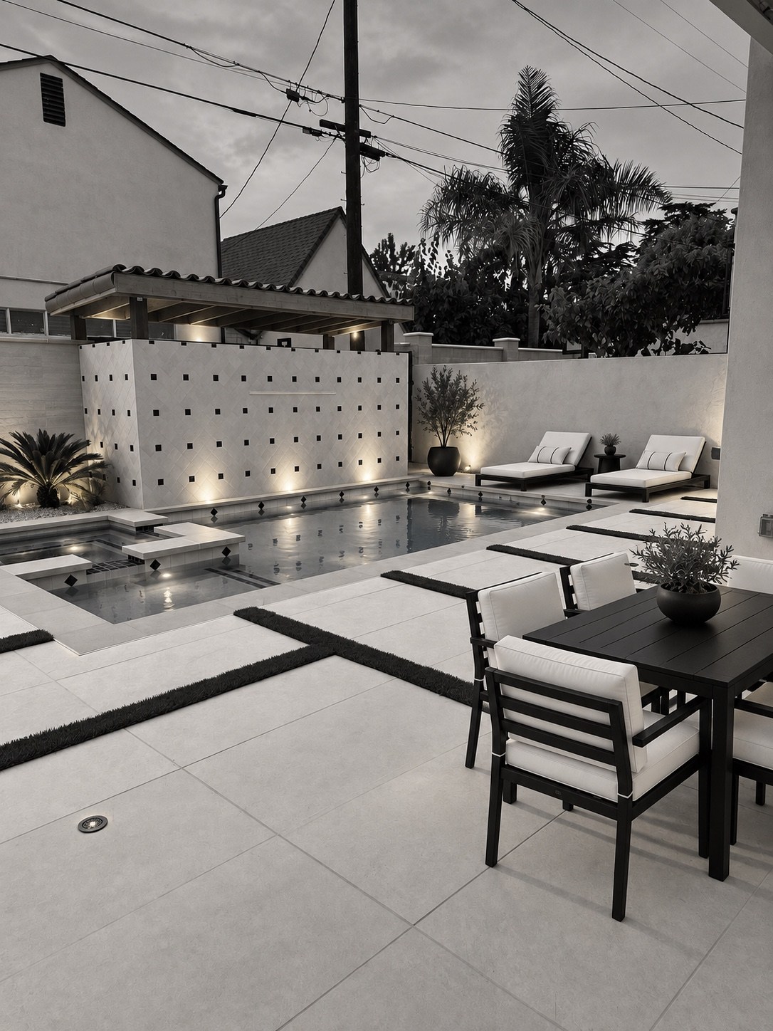 Pool terrace and outdoor dining at dusk