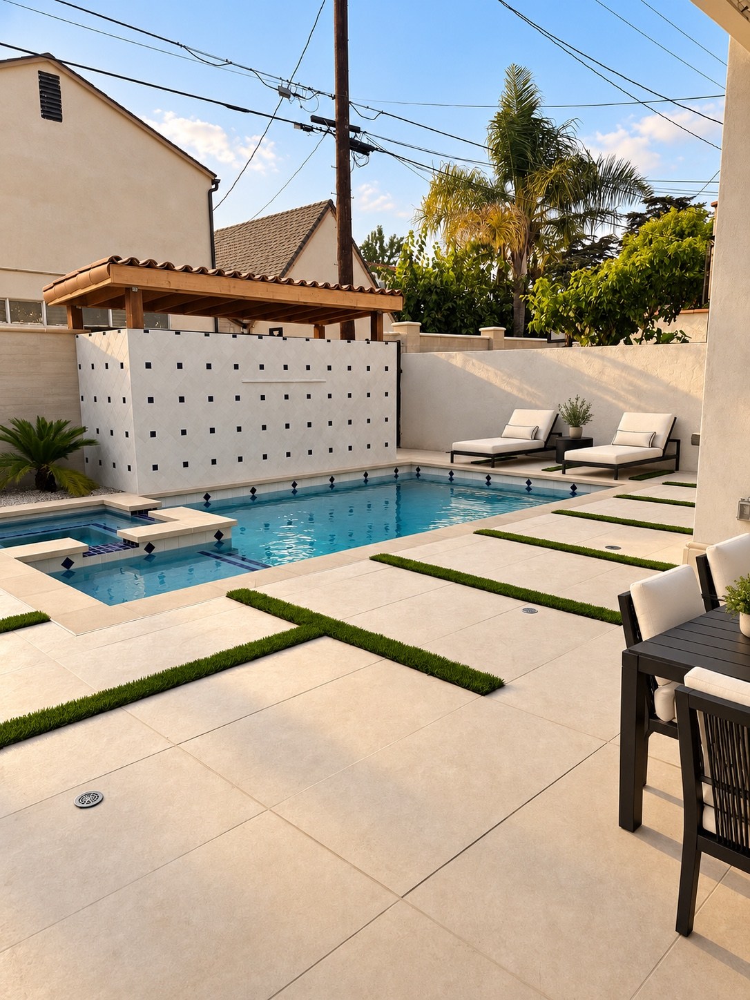 Pool and landscaped terrace with lounge chairs