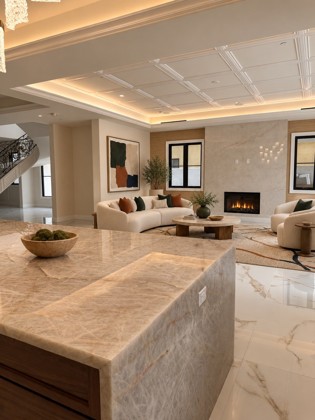 Stone kitchen island opening onto the family living area